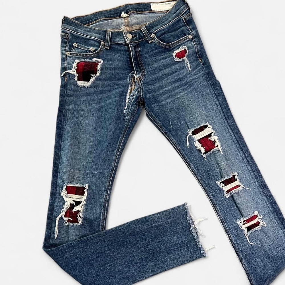 Rag&Bone Distressed Skinny Jeans blue Denim Plaid Patch Ripped Raw Hem Size 28